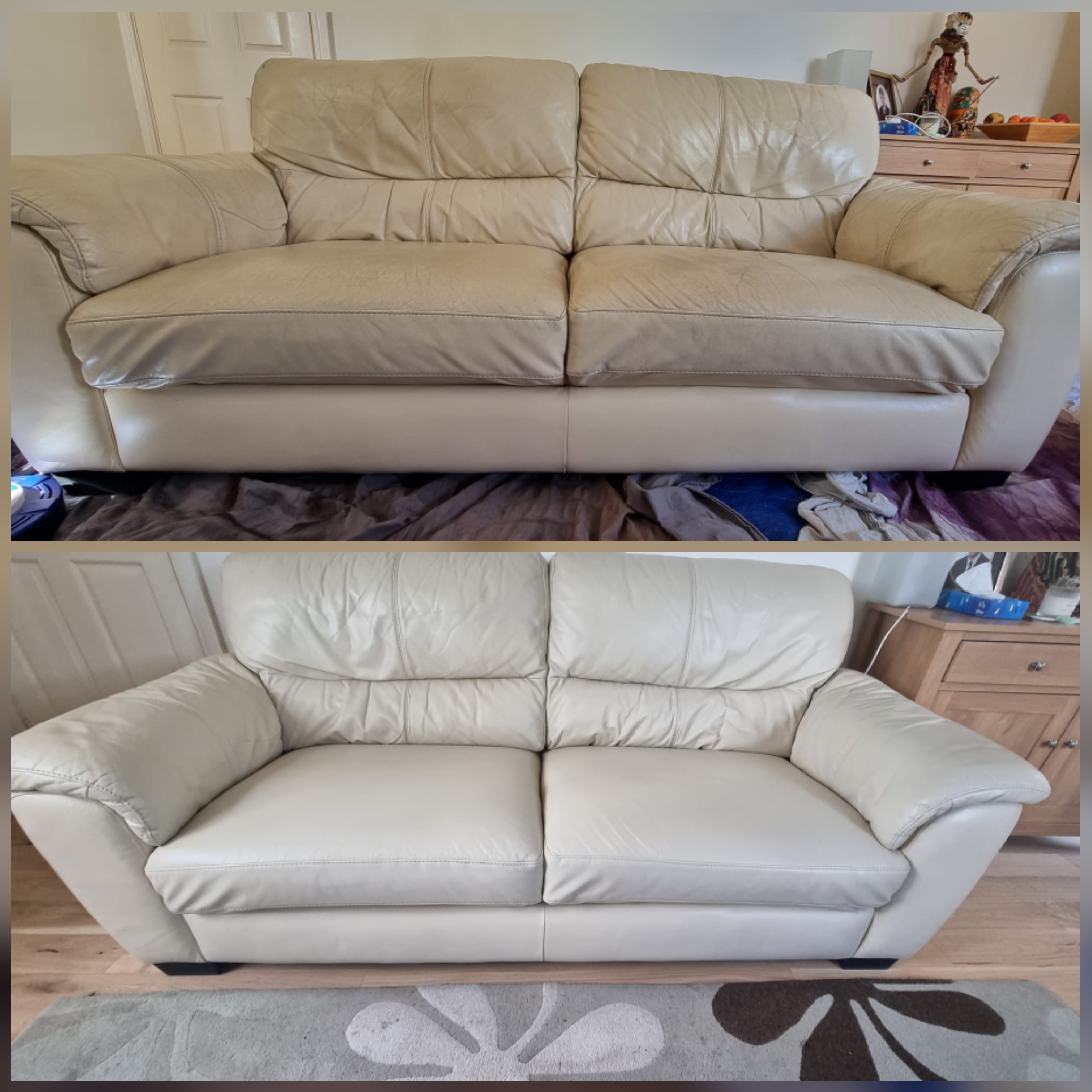 Before and after professional leather sofa cleaning in Shropshire